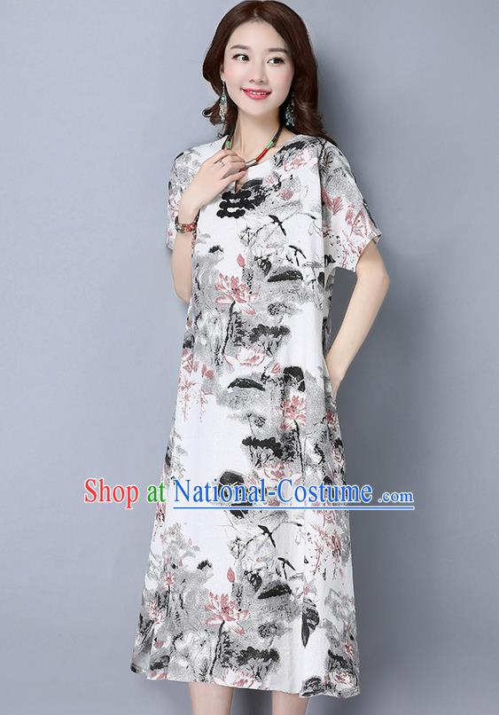 Traditional Ancient Chinese National Costume, Elegant Hanfu Mandarin Qipao Linen Ink Painting Black Dress, China Tang Suit Republic of China Cheongsam Upper Outer Garment Elegant Dress Clothing for Women