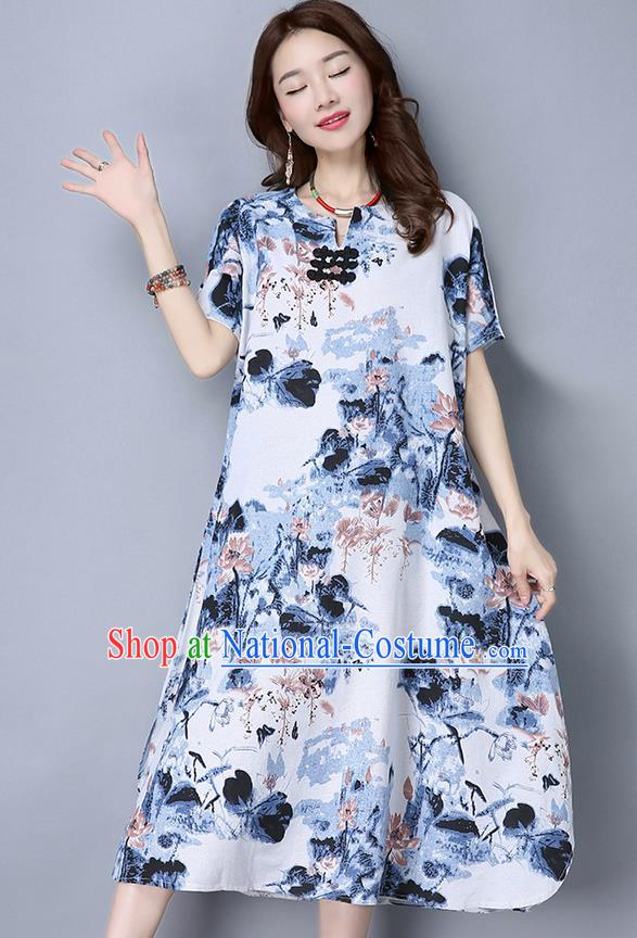 Traditional Ancient Chinese National Costume, Elegant Hanfu Mandarin Qipao Linen Ink Painting Blue Dress, China Tang Suit Republic of China Cheongsam Upper Outer Garment Elegant Dress Clothing for Women