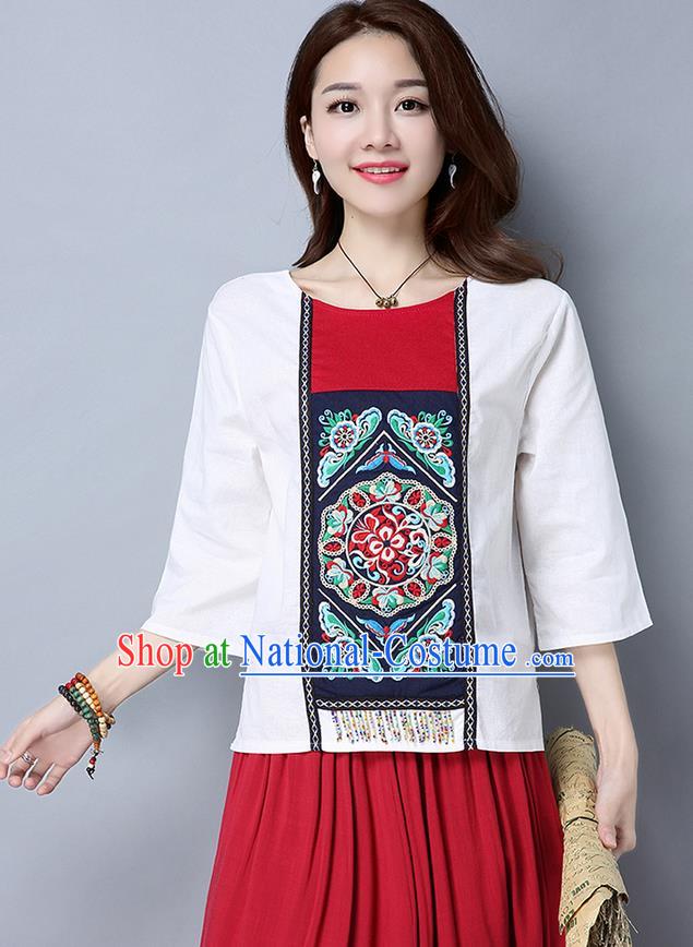 Traditional Chinese National Costume, Elegant Hanfu Embroidery Round Collar White T-Shirt, China Miao National Minority Tang Suit Blouse Cheongsam Upper Outer Garment Shirts Clothing for Women