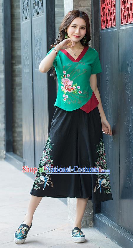 Traditional Chinese National Costume, Elegant Hanfu Embroidery Flowers Irregular Skirt Green T-Shirt, China Tang Suit Blouse Cheongsam Upper Outer Garment Qipao Shirts Clothing for Women