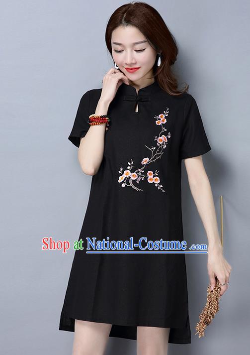 Traditional Ancient Chinese National Costume, Elegant Hanfu Mandarin Qipao Linen Embroidered Black Dress, China Tang Suit Chirpaur Republic of China Cheongsam Upper Outer Garment Elegant Dress Clothing for Women