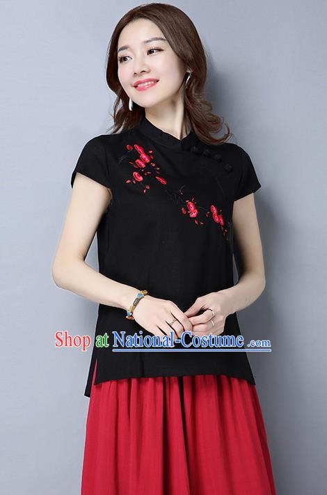 Traditional Chinese National Costume, Elegant Hanfu Embroidery Flowers Slant Opening Black T-Shirt, China Tang Suit Republic of China Plated Buttons Blouse Cheongsam Upper Outer Garment Qipao Shirts Clothing for Women