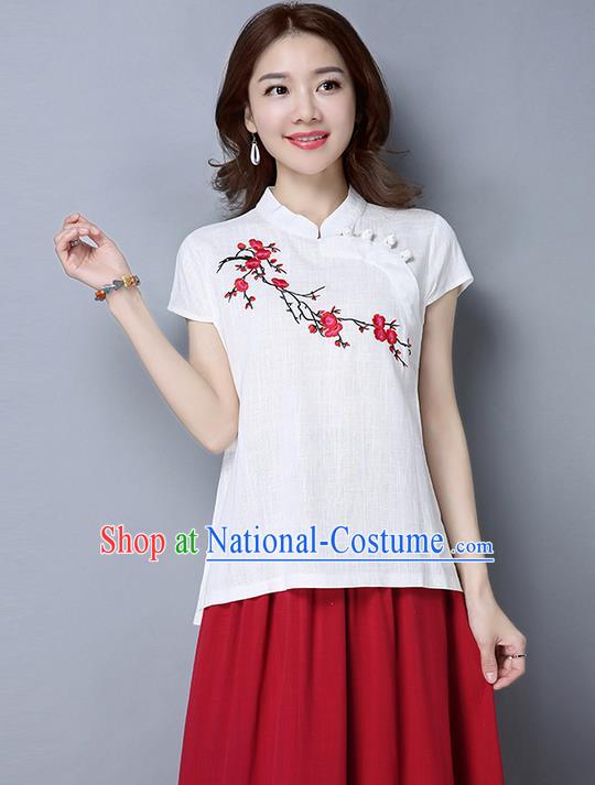 Traditional Chinese National Costume, Elegant Hanfu Embroidery Flowers Slant Opening White T-Shirt, China Tang Suit Republic of China Plated Buttons Blouse Cheongsam Upper Outer Garment Qipao Shirts Clothing for Women