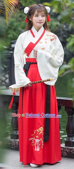 Traditional Ancient Chinese Costume, Elegant Hanfu Clothing Embroidered Ginkgo Blouse and Dress, China Han Dynasty Elegant Blouse and Skirt Complete Set for Women