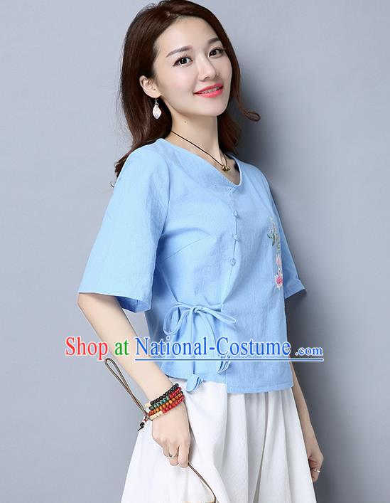 Traditional Chinese National Costume, Elegant Hanfu Embroidery Blue T-Shirt, China Tang Suit Republic of China Plated Buttons Blouse Cheongsam Upper Outer Garment Qipao Shirts Clothing for Women