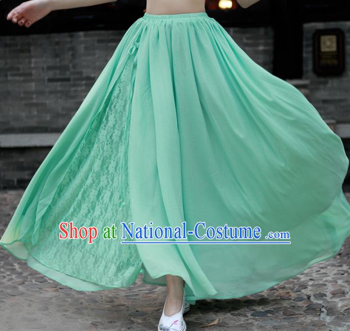 Traditional Ancient Chinese National Pleated Skirt Costume, Elegant Hanfu Chiffon Lace Long Dress, China Tang Suit Big Swing Green Bust Skirt for Women