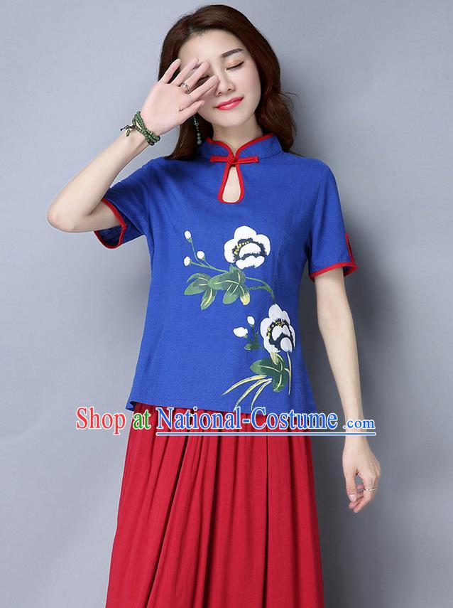 Traditional Chinese National Costume, Elegant Hanfu Embroidery Flowers Stand Collar Blue Shirt, China Tang Suit Republic of China Plated Buttons Blouse Cheongsam Upper Outer Garment Qipao Shirts Clothing for Women