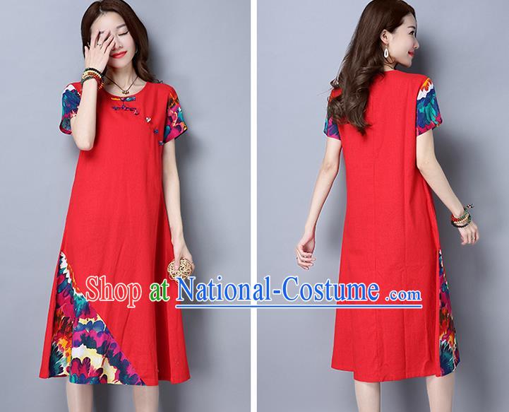 Traditional Ancient Chinese National Costume, Elegant Hanfu Mandarin Qipao Printing Red Dress, China Tang Suit Chirpaur Republic of China Cheongsam Upper Outer Garment Elegant Dress Clothing for Women