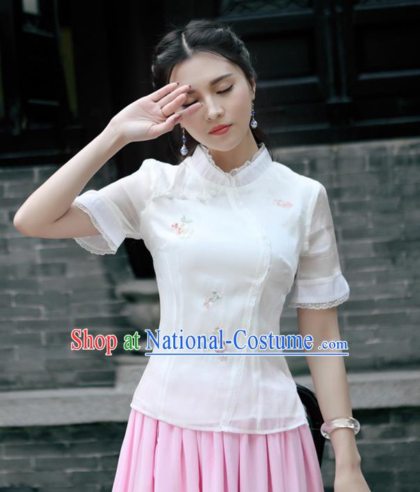 Traditional Chinese National Costume, Elegant Hanfu Embroidery Flowers Stand Collar Shirt, China Tang Suit Republic of China Plated Buttons Blouse Cheongsam Upper Outer Garment Qipao Shirts Clothing for Women