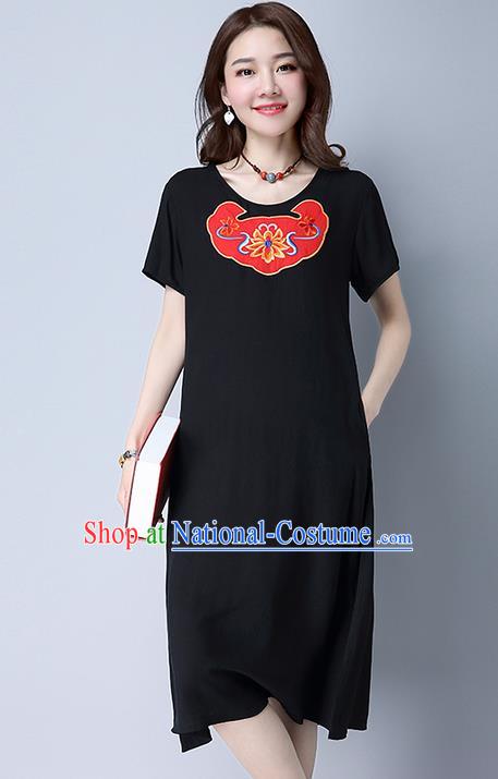 Traditional Ancient Chinese National Costume, Elegant Hanfu Mandarin Qipao Linen Patch Embroidery Black Dress, China Tang Suit Chirpaur Republic of China Cheongsam Upper Outer Garment Elegant Dress Clothing for Women