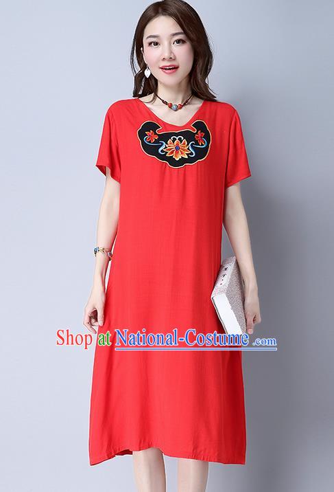 Traditional Ancient Chinese National Costume, Elegant Hanfu Mandarin Qipao Linen Patch Embroidery Red Dress, China Tang Suit Chirpaur Republic of China Cheongsam Upper Outer Garment Elegant Dress Clothing for Women