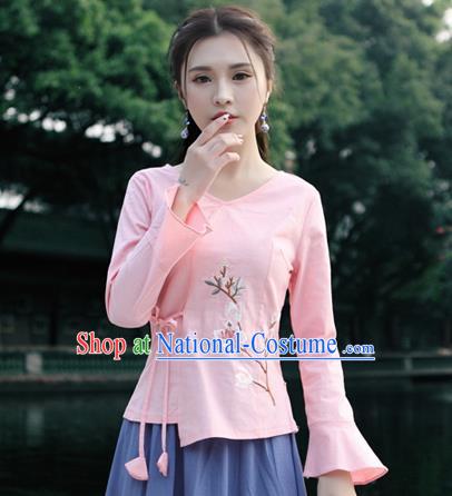 Traditional Chinese National Costume, Elegant Hanfu Slant Opening Print Peach Blossom Pink Shirt, China Tang Suit Republic of China Blouse Cheongsam Upper Outer Garment Qipao Shirts Clothing for Women