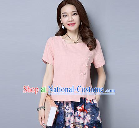 Traditional Chinese National Costume, Elegant Hanfu Slant Opening Pink T-Shirt, China Tang Suit Republic of China Plated Buttons Blouse Cheongsam Upper Outer Garment Qipao Shirts Clothing for Women