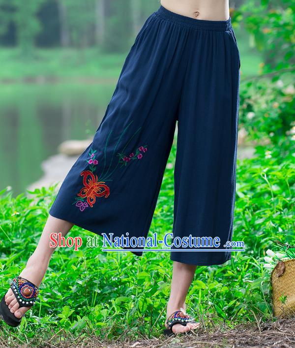 Traditional Chinese National Costume Loose Pants, Elegant Hanfu Embroidered Butterfly Navy Wide-leg Trousers, China Ethnic Minorities Folk Dance Baggy Pants for Women