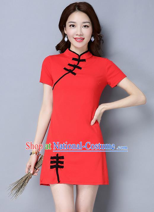 Traditional Ancient Chinese National Costume, Elegant Hanfu Mandarin Qipao Linen Red Dress, China Tang Suit Plated Buttons Short Chirpaur Republic of China Cheongsam Upper Outer Garment Elegant Dress Clothing for Women