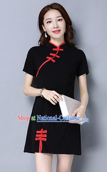 Traditional Ancient Chinese National Costume, Elegant Hanfu Mandarin Qipao Linen Black Dress, China Tang Suit Plated Buttons Short Chirpaur Republic of China Cheongsam Upper Outer Garment Elegant Dress Clothing for Women