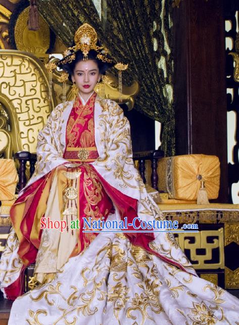 Traditional Ancient Chinese Elegant Imperial Empress Costume, Chinese Warring States Period Dynasty Imperial Queen Dress, Chinese Cosplay Palace Kaiserin Nobility Hanfu Tailing Embroidered Clothing for Women