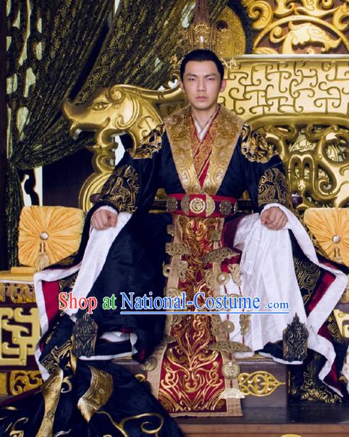 Traditional Ancient Chinese Imperial Emperor Costume, Chinese Warring States Period Majesty Dress, Chinese King Dragon Robes, Ancient China Imperial Padishah Tailing Embroidered Clothing for Men