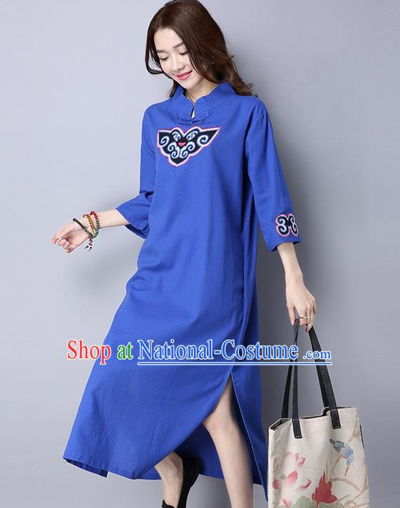 Traditional Ancient Chinese National Costume, Elegant Hanfu Mandarin Qipao Patch Embroidery Blue Dress, China Tang Suit Chirpaur Republic of China Cheongsam Upper Outer Garment Elegant Dress Clothing for Women