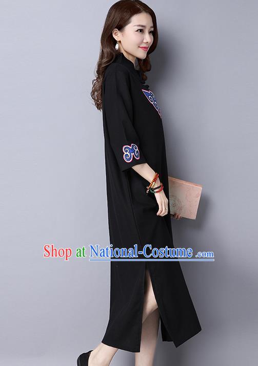 Traditional Ancient Chinese National Costume, Elegant Hanfu Mandarin Qipao Patch Embroidery Black Dress, China Tang Suit Chirpaur Republic of China Cheongsam Upper Outer Garment Elegant Dress Clothing for Women