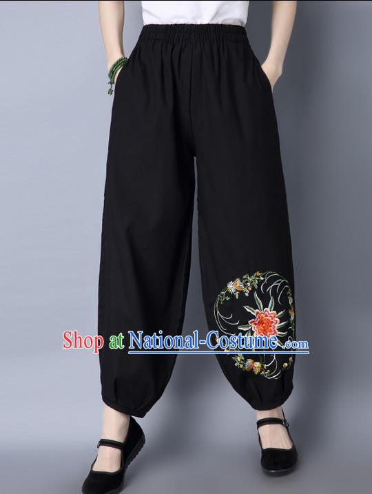 Traditional Chinese National Costume Plus Fours, Elegant Hanfu Embroidered Black Bloomers, China Ethnic Minorities Folk Dance Tang Suit Pantalettes for Women