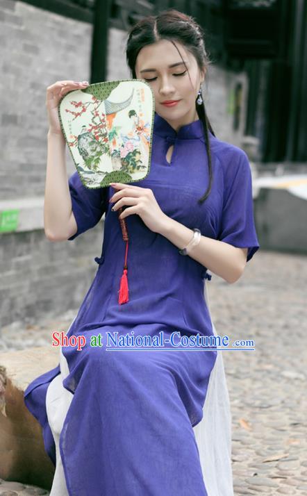 Traditional Ancient Chinese National Costume, Elegant Hanfu Mandarin Qipao Linen Purple Dress, China Tang Suit Chirpaur Republic of China Cheongsam Upper Outer Garment Elegant Dress Clothing for Women