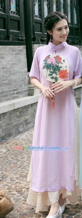 Traditional Ancient Chinese National Costume, Elegant Hanfu Mandarin Qipao Linen Pink Dress, China Tang Suit Chirpaur Republic of China Cheongsam Upper Outer Garment Elegant Dress Clothing for Women