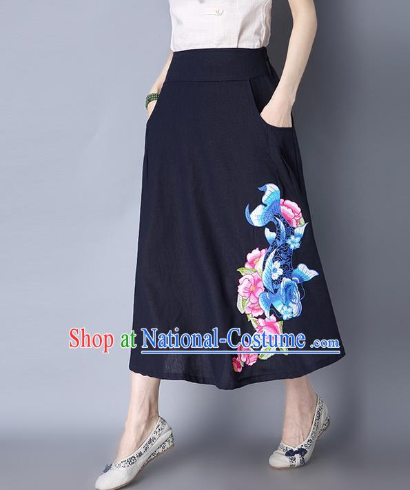 Traditional Ancient Chinese National Pleated Skirt Costume, Elegant Hanfu Linen Embroidery Long Navy Dress, China Tang Dynasty Bust Skirt for Women