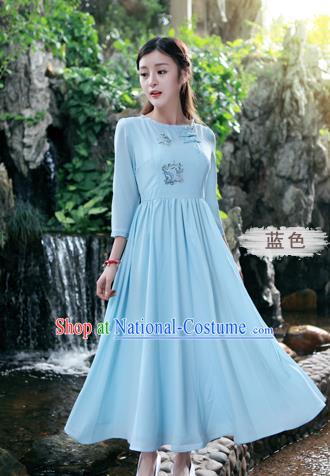 Traditional Ancient Chinese National Costume, Elegant Hanfu Linen Embroidery Blue Dress, China Tang Suit Chirpaur Republic of China Cheongsam Upper Outer Garment Elegant Dress Clothing for Women