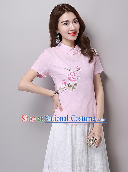 Traditional Chinese National Costume, Elegant Hanfu Printing Flowers Slant Opening Pink T-Shirt, China Tang Suit Republic of China Plated Buttons Blouse Cheongsam Upper Outer Garment Qipao Shirts Clothing for Women