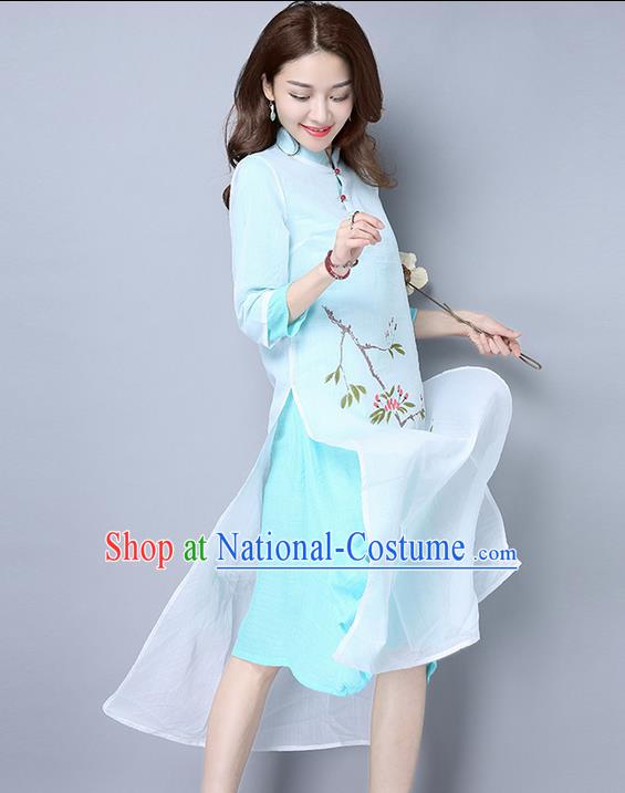 Traditional Ancient Chinese National Costume, Elegant Hanfu Mandarin Qipao Double-Deck Printing Blue Dress, China Tang Suit Linen Chirpaur Republic of China Cheongsam Upper Outer Garment Elegant Dress Clothing for Women