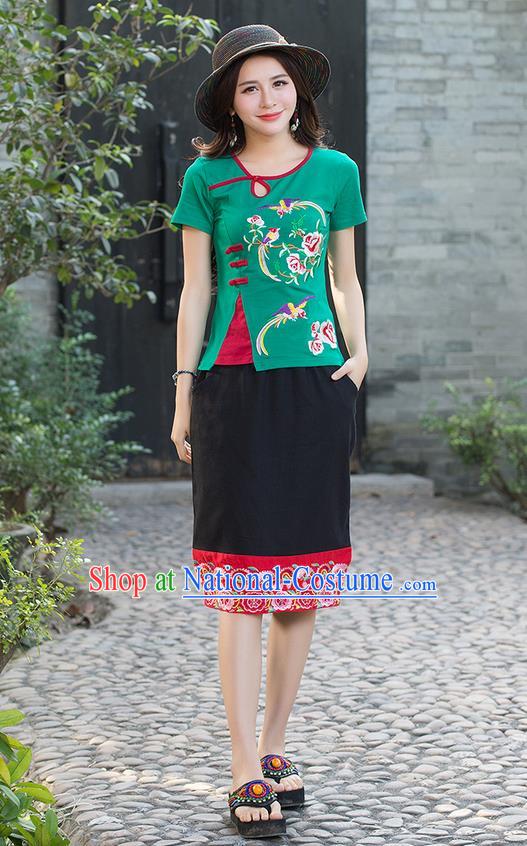 Traditional Chinese National Costume, Elegant Hanfu Embroidery Flowers Birds Green T-Shirt, China Tang Suit Republic of China Plated Buttons Blouse Cheongsam Upper Outer Garment Qipao Shirts Clothing for Women