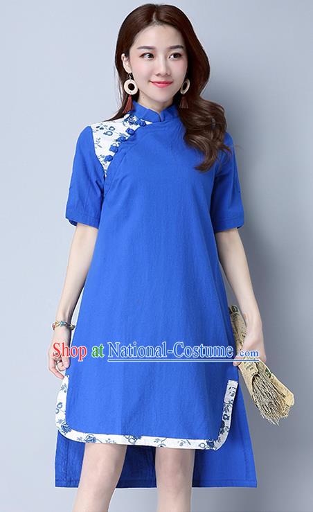 Traditional Ancient Chinese National Costume, Elegant Hanfu Mandarin Qipao Linen Blue Dress, China Tang Suit Chirpaur Cheongsam Upper Outer Garment Elegant Dress Clothing for Women