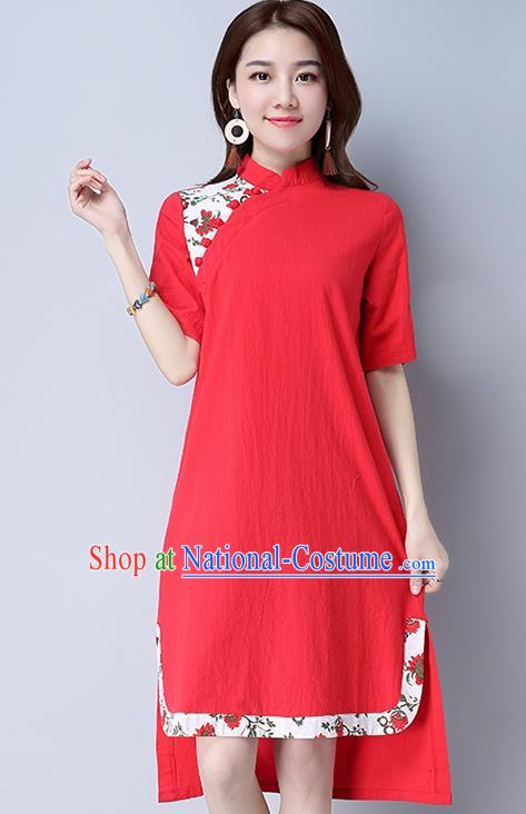 Traditional Ancient Chinese National Costume, Elegant Hanfu Mandarin Qipao Linen Red Dress, China Tang Suit Chirpaur Cheongsam Upper Outer Garment Elegant Dress Clothing for Women