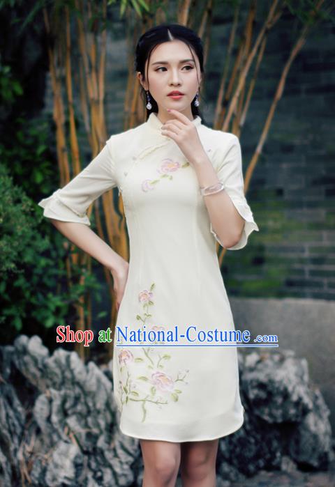 Traditional Ancient Chinese National Costume, Elegant Hanfu Mandarin Qipao Mandarin Sleeve Apricot Dress, China Tang Suit Chirpaur Republic of China Cheongsam Upper Outer Garment Elegant Dress Clothing for Women