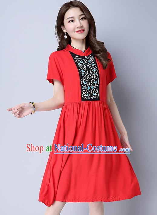 Traditional Ancient Chinese National Costume, Elegant Hanfu Mandarin Qipao Embroidery Red Dress, China Tang Suit Chirpaur Republic of China Cheongsam Upper Outer Garment Elegant Dress Clothing for Women