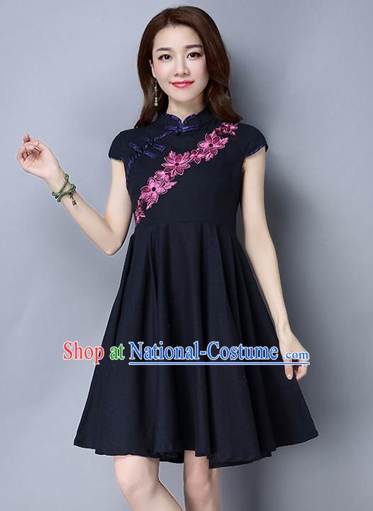 Traditional Ancient Chinese National Costume, Elegant Hanfu Mandarin Qipao Embroidery Navy Dress, China Tang Suit Chirpaur Republic of China Cheongsam Upper Outer Garment Elegant Dress Clothing for Women