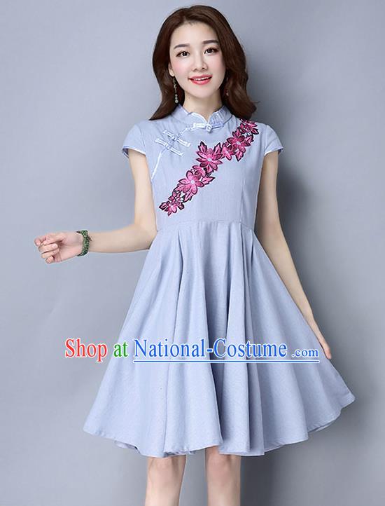 Traditional Ancient Chinese National Costume, Elegant Hanfu Mandarin Qipao Embroidery Blue Dress, China Tang Suit Chirpaur Republic of China Cheongsam Upper Outer Garment Elegant Dress Clothing for Women