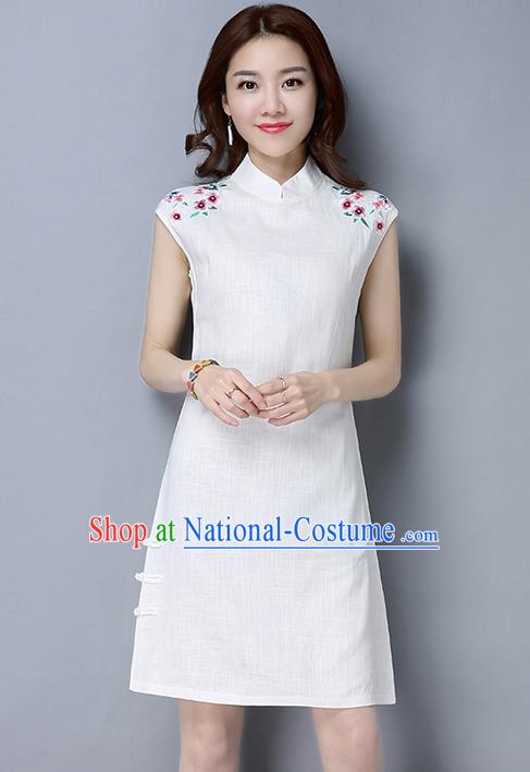 Traditional Ancient Chinese National Costume, Elegant Hanfu Mandarin Qipao Embroidery White Short Dress, China Tang Suit Chirpaur Republic of China Cheongsam Upper Outer Garment Elegant Dress Clothing for Women