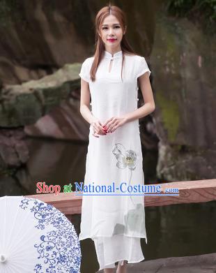 Traditional Ancient Chinese National Costume, Elegant Hanfu Mandarin Qipao Painting Lotus White Dress, China Tang Suit Chirpaur Republic of China Cheongsam Upper Outer Garment Elegant Dress Clothing for Women