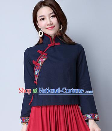 Traditional Chinese National Costume, Elegant Hanfu Embroidery Cross-Stitch Navy Shirt, China Tang Suit Republic of China Plated Buttons Blouse Cheongsam Upper Outer Garment Qipao Shirts Clothing for Women