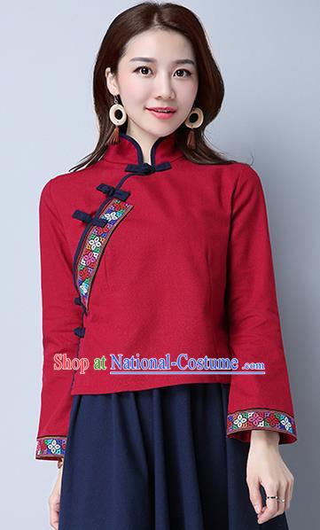 Traditional Chinese National Costume, Elegant Hanfu Embroidery Cross-Stitch Red Shirt, China Tang Suit Republic of China Plated Buttons Blouse Cheongsam Upper Outer Garment Qipao Shirts Clothing for Women