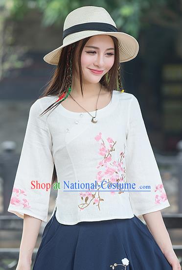 Traditional Chinese National Costume, Elegant Hanfu Embroidery Mandarin Sleeve White Shirt, China Tang Suit Republic of China Blouse Cheongsam Upper Outer Garment Qipao Shirts Clothing for Women