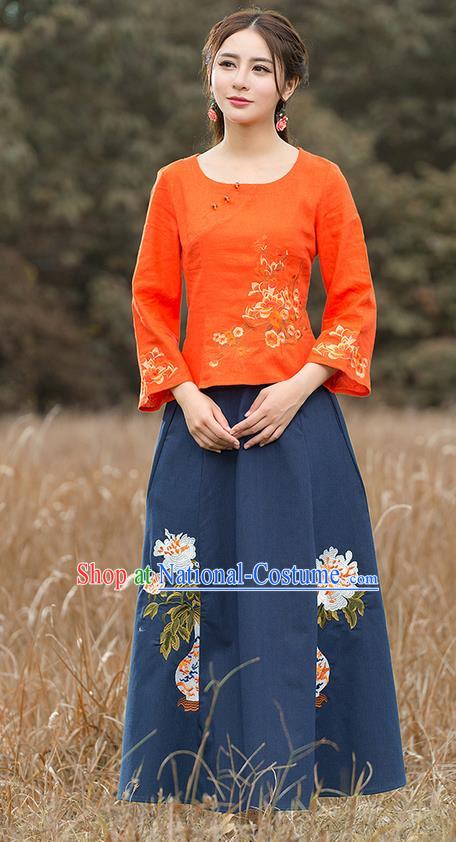 Traditional Chinese National Costume, Elegant Hanfu Embroidery Mandarin Sleeve Orange Shirt, China Tang Suit Republic of China Blouse Cheongsam Upper Outer Garment Qipao Shirts Clothing for Women