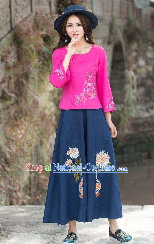 Traditional Chinese National Costume, Elegant Hanfu Embroidery Mandarin Sleeve Pink Shirt, China Tang Suit Republic of China Blouse Cheongsam Upper Outer Garment Qipao Shirts Clothing for Women