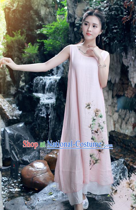 Traditional Ancient Chinese National Costume, Elegant Hanfu Painting Flowers Pink Long Dress, China Tang Suit Chirpaur Republic of China Cheongsam Upper Outer Garment Elegant Dress Clothing for Women