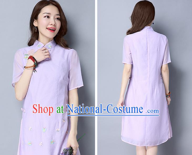 Traditional Ancient Chinese National Costume, Elegant Hanfu Mandarin Qipao Embroidery Stand Collar Purple Dress, China Tang Suit Chirpaur Republic of China Cheongsam Upper Outer Garment Elegant Dress Clothing for Women