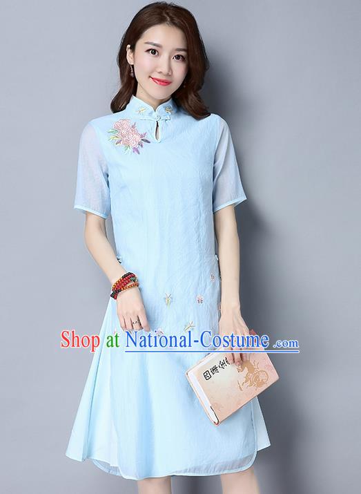 Traditional Ancient Chinese National Costume, Elegant Hanfu Mandarin Qipao Embroidery Stand Collar Blue Dress, China Tang Suit Chirpaur Republic of China Cheongsam Upper Outer Garment Elegant Dress Clothing for Women