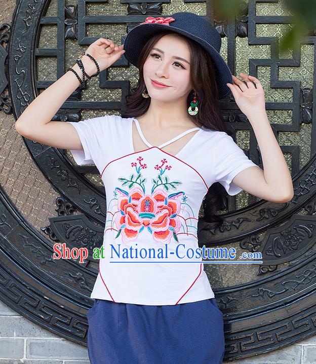 Traditional Chinese National Costume, Elegant Hanfu Embroidery Flowers Condole Belt Chinese-Style Chest Covering White T-Shirt, China Tang Suit Republic of China Plated Buttons Blouse Cheongsam Upper Outer Garment Qipao Shirts Clothing for Women