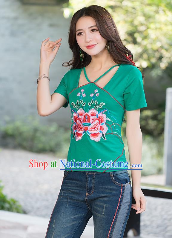 Traditional Chinese National Costume, Elegant Hanfu Embroidery Flowers Condole Belt Chinese-Style Chest Covering Green T-Shirt, China Tang Suit Republic of China Plated Buttons Blouse Cheongsam Upper Outer Garment Qipao Shirts Clothing for Women